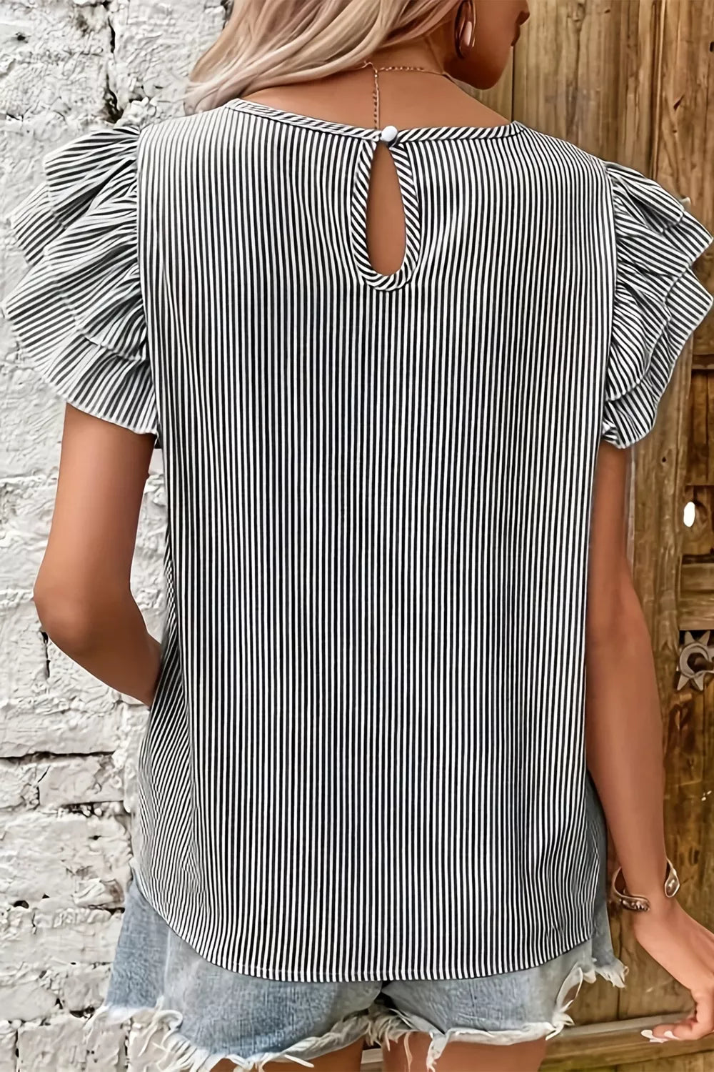 Stripe Striped Ruffle Sleeve Short Sleeve Round Neck Casual Shift Blouse