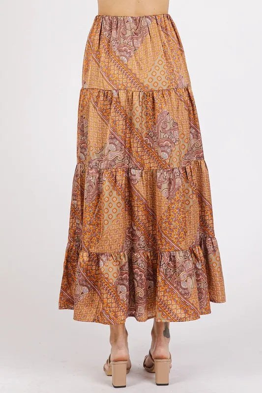 Paisley Patchwork Print Tiered Satin Maxi Skirt