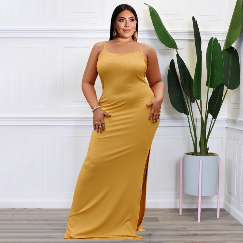 Plus Size Women Clothes Summer Sunken Stripe Sleeveless Split Sexy Tight Dress