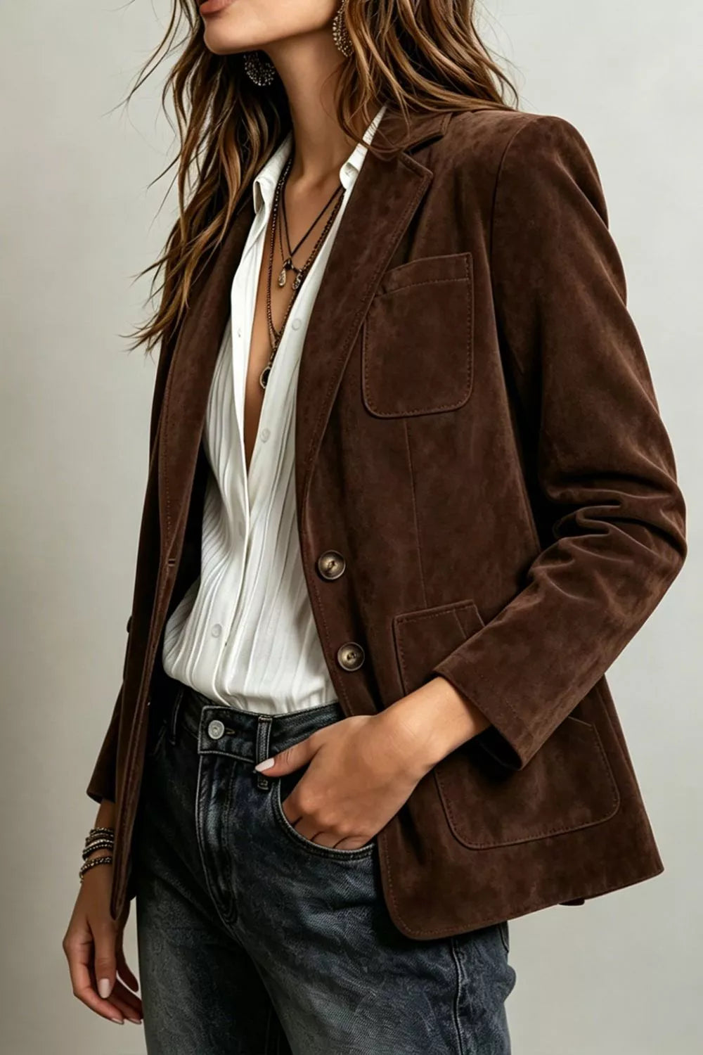 Classic Suede Single-Breasted Blazer Jacket
