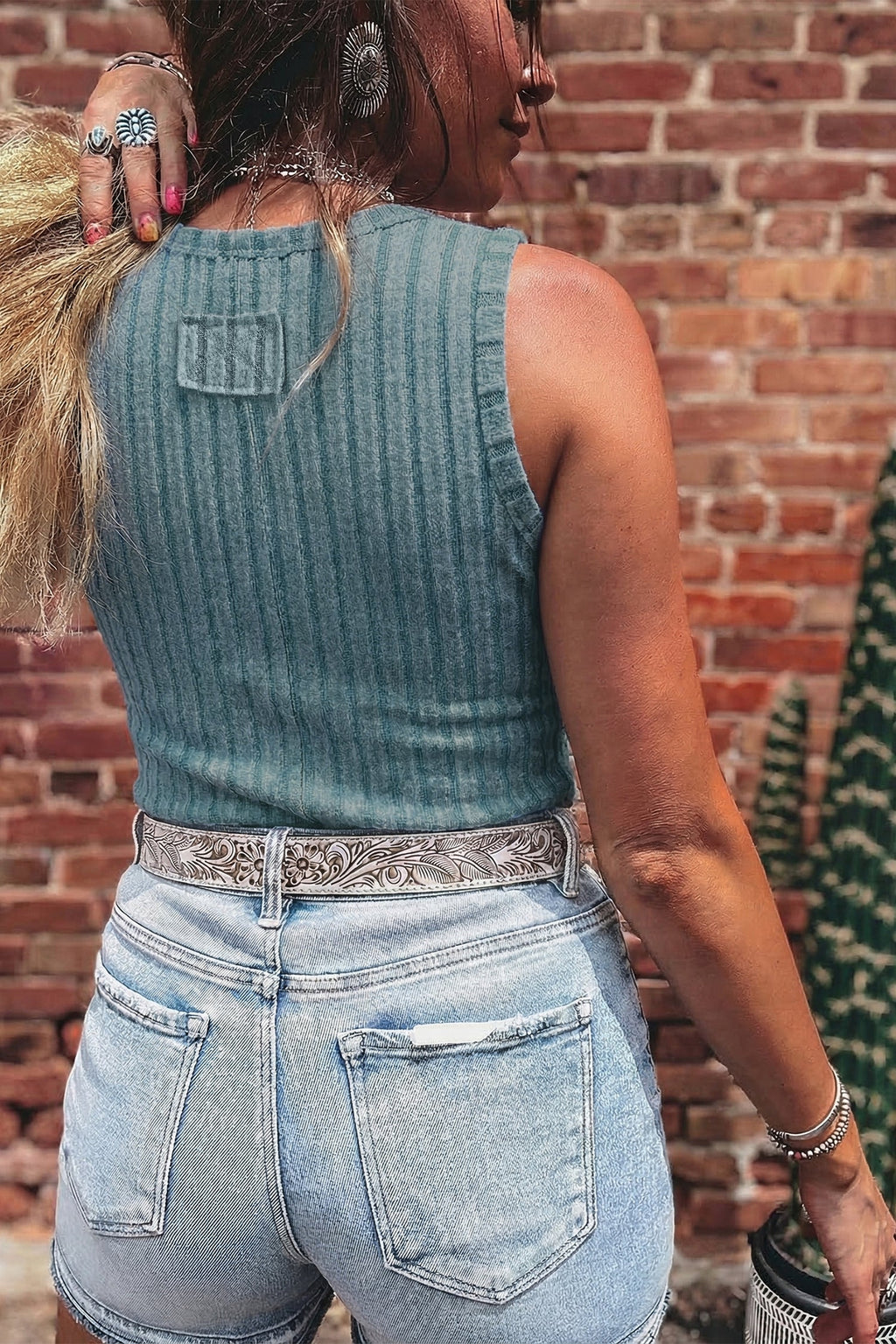Beau Blue Slim Ribbed Mineral Wash Tank Top