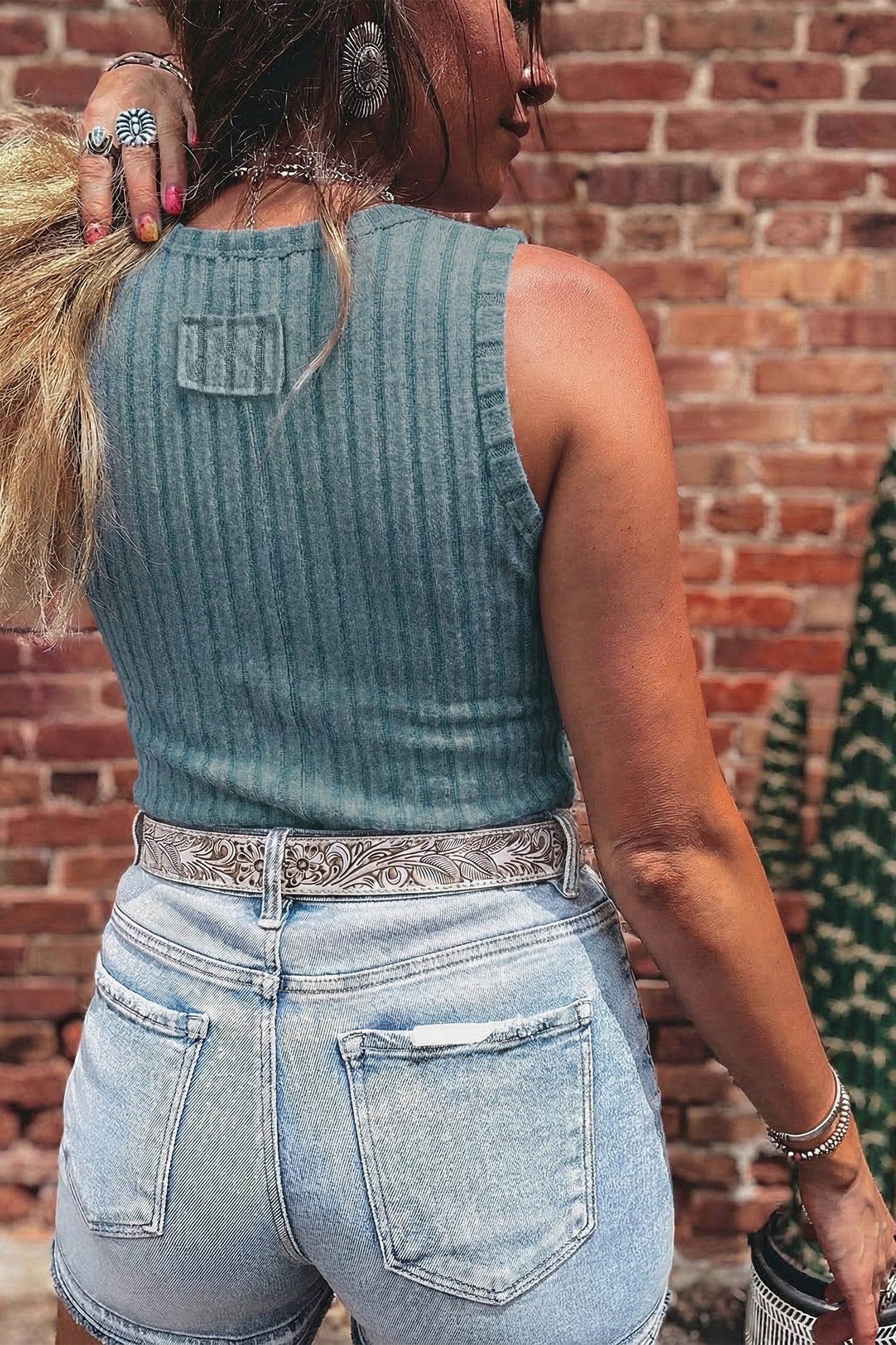 Beau Blue Slim Ribbed Mineral Wash Tank Top