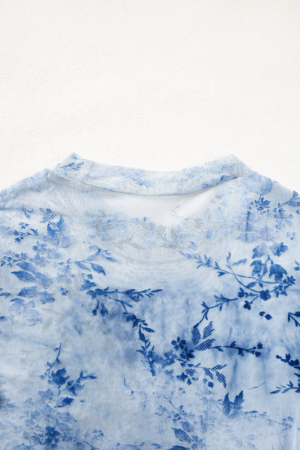 Sky Blue Sheer Mesh Floral Printed Mock Neck Long Sleeve Bodysuit