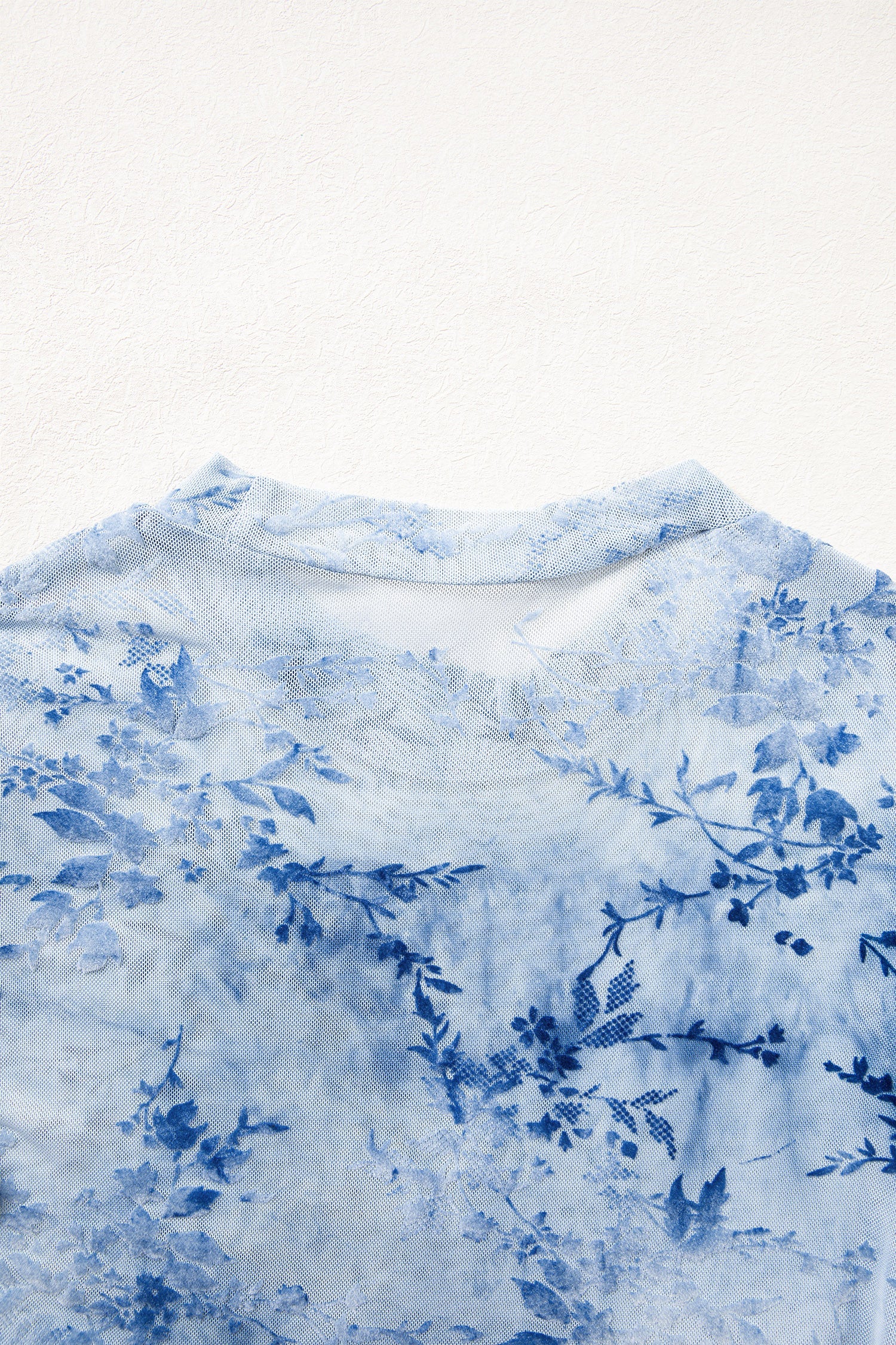 Sky Blue Sheer Mesh Floral Printed Mock Neck Long Sleeve Bodysuit