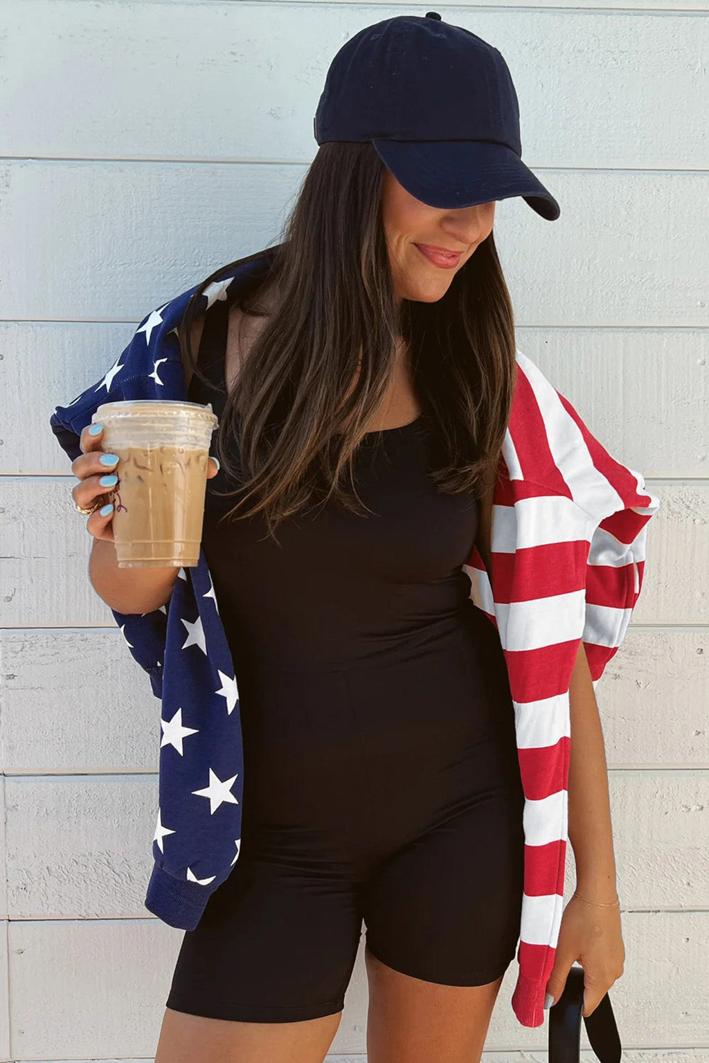 Multicolour Stars Stripes American Flag Zipped Collar Oversized Sweatshirt