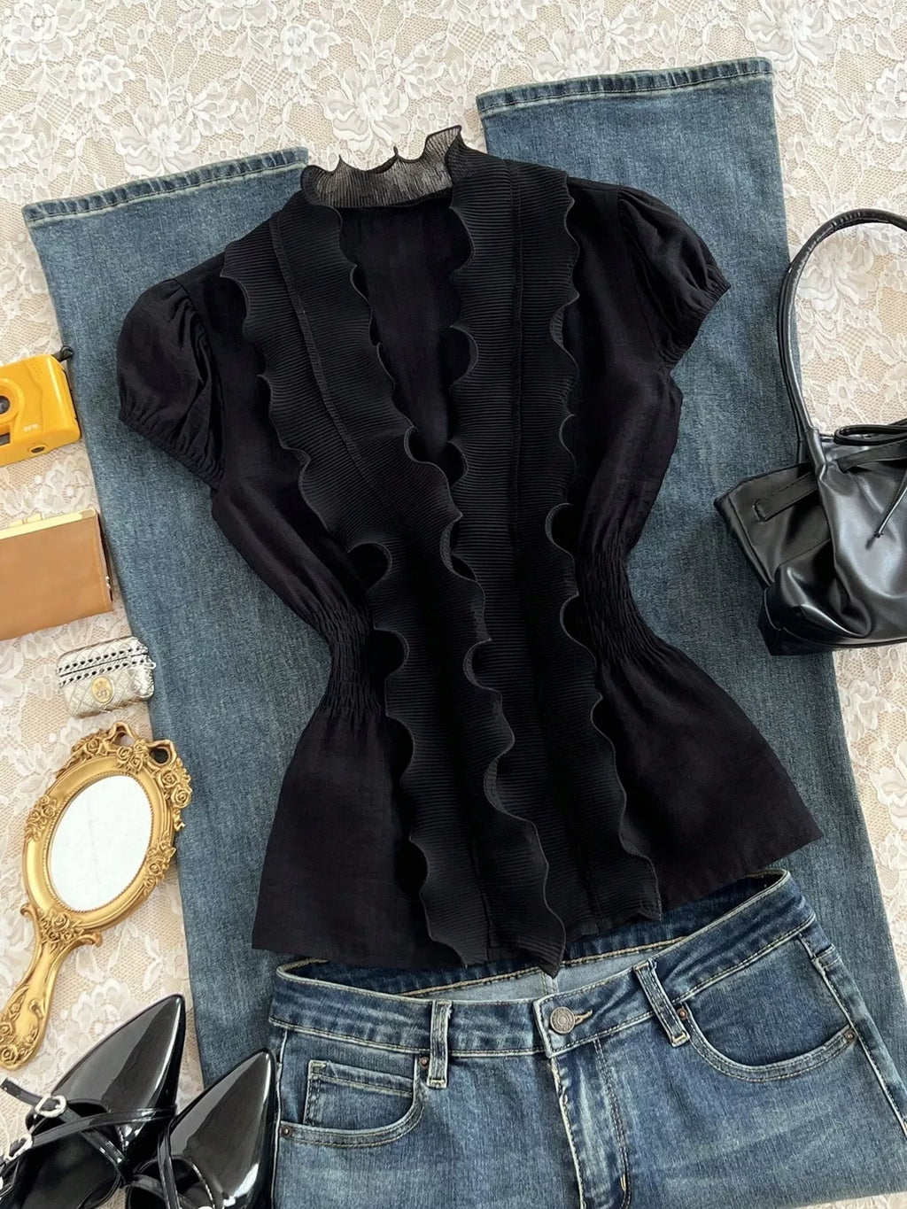 Ruffled V-Neck Blouse with Smocked Waist