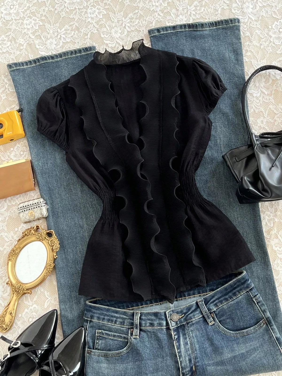 Ruffled V-Neck Blouse with Smocked Waist