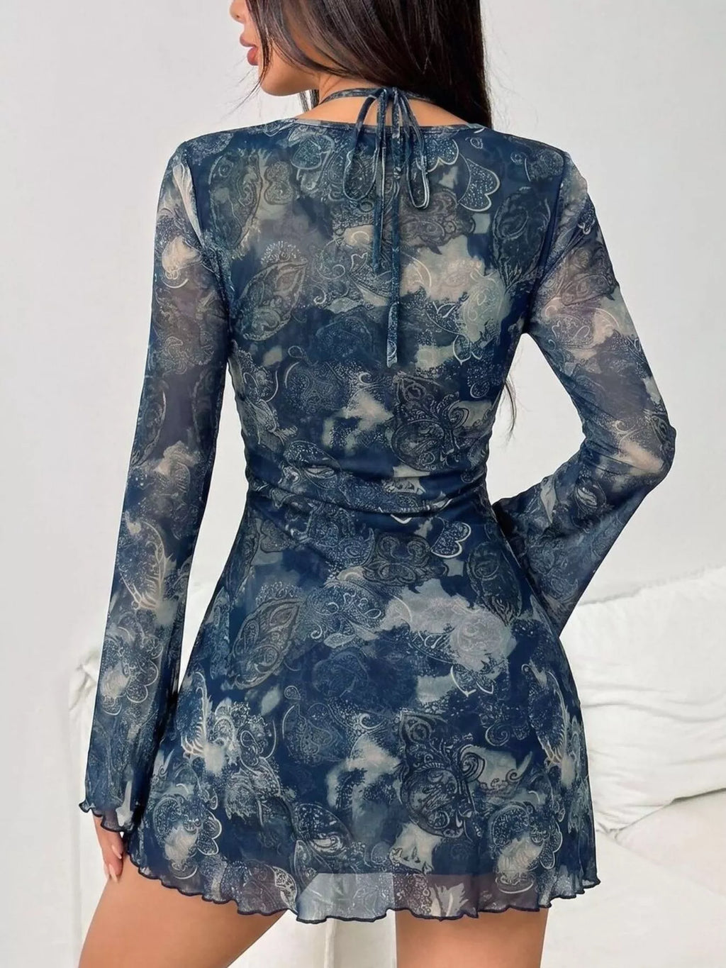 Mesh Long Sleeve Cutout Mini Dress