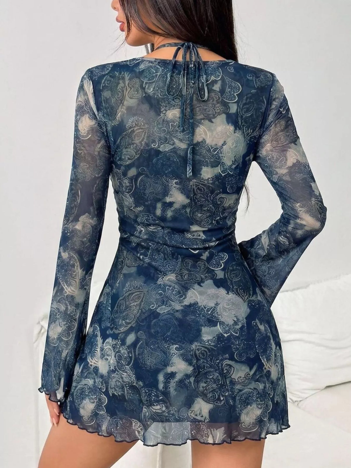 Mesh Long Sleeve Cutout Mini Dress