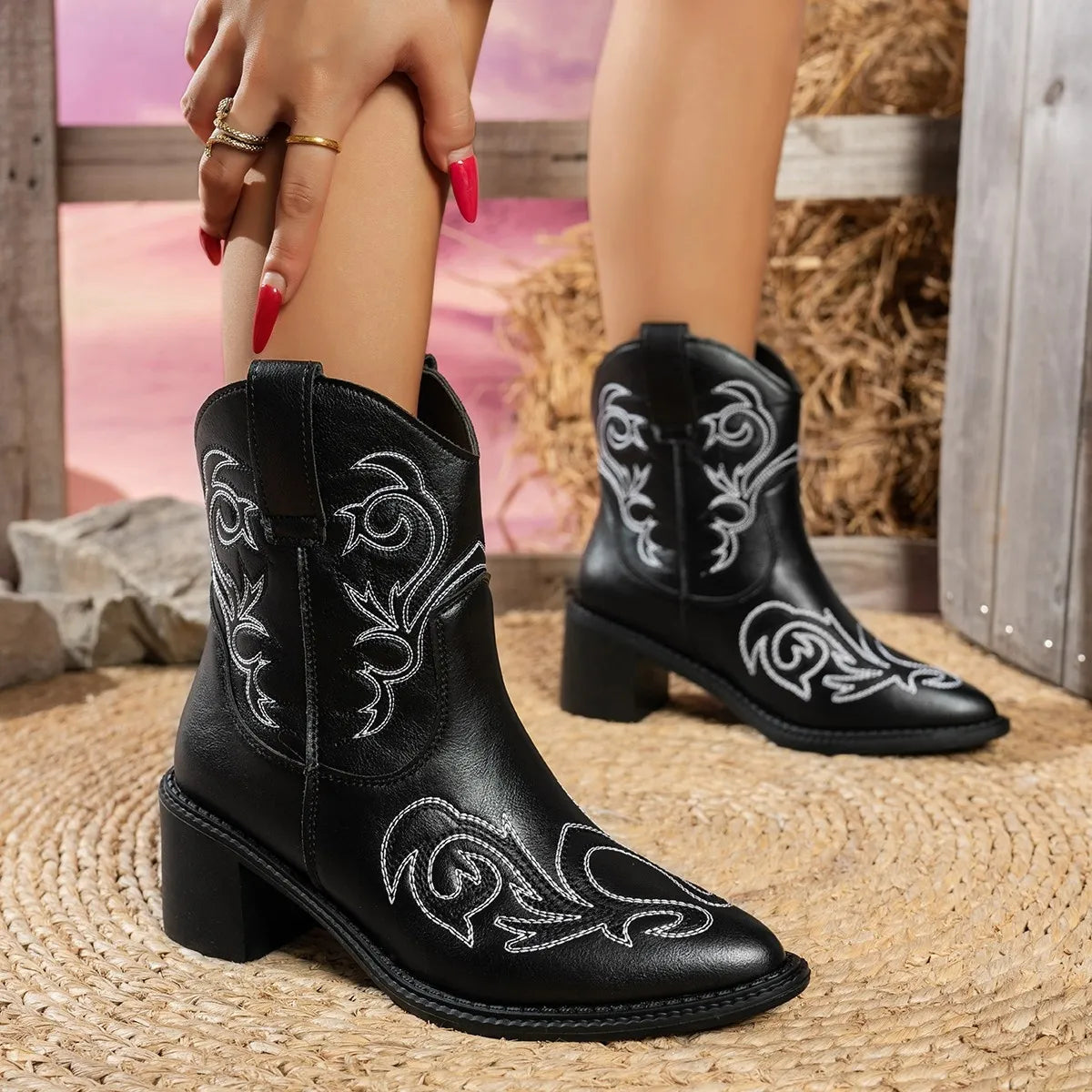 Point Toe Block Heels Boots