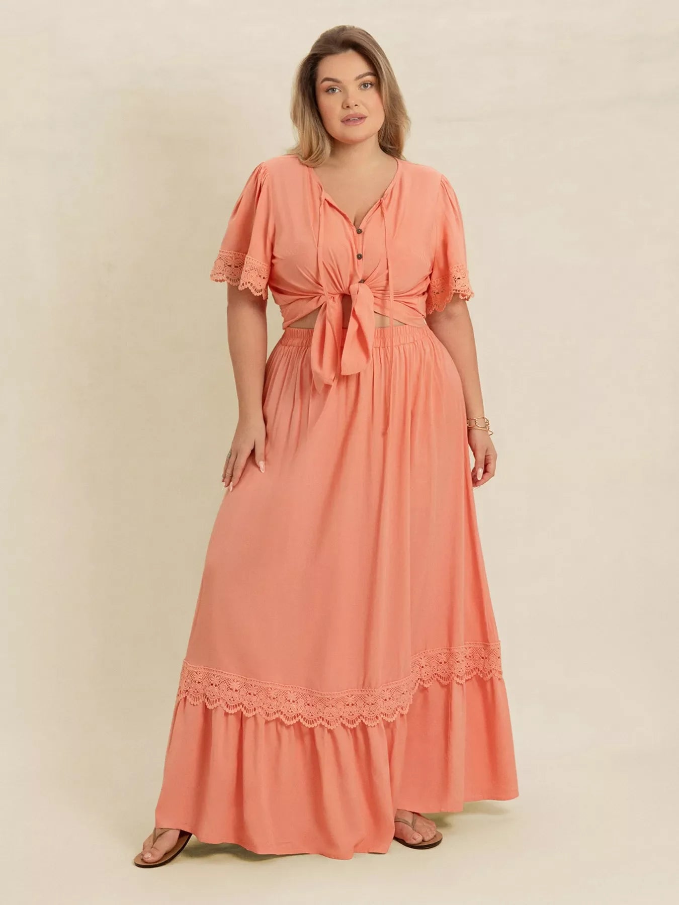 Lace Detail Tie Neck Top and Skirt Set