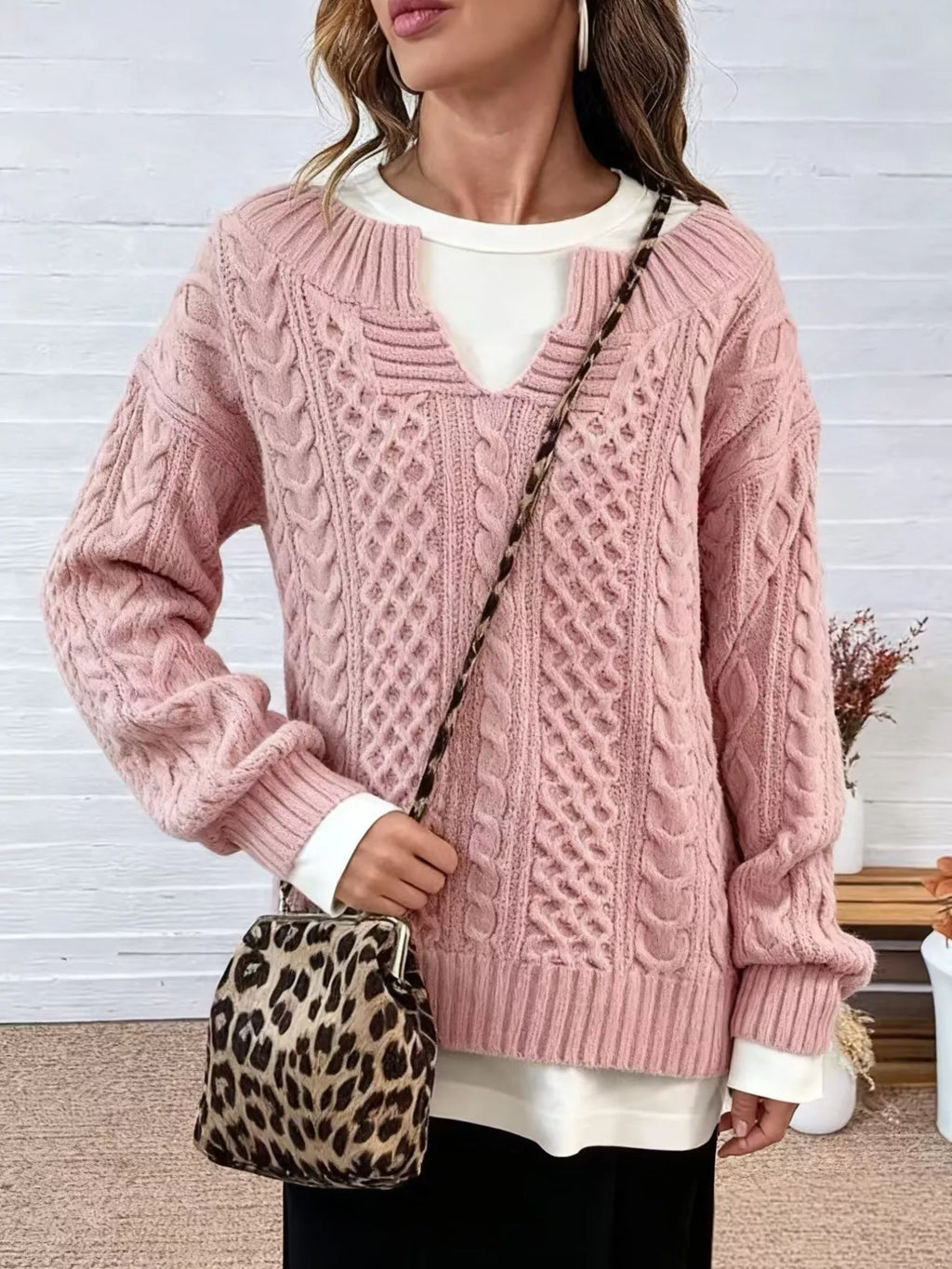 Full Size Cable Knit Dropped Shoulder Sweater Plus Size