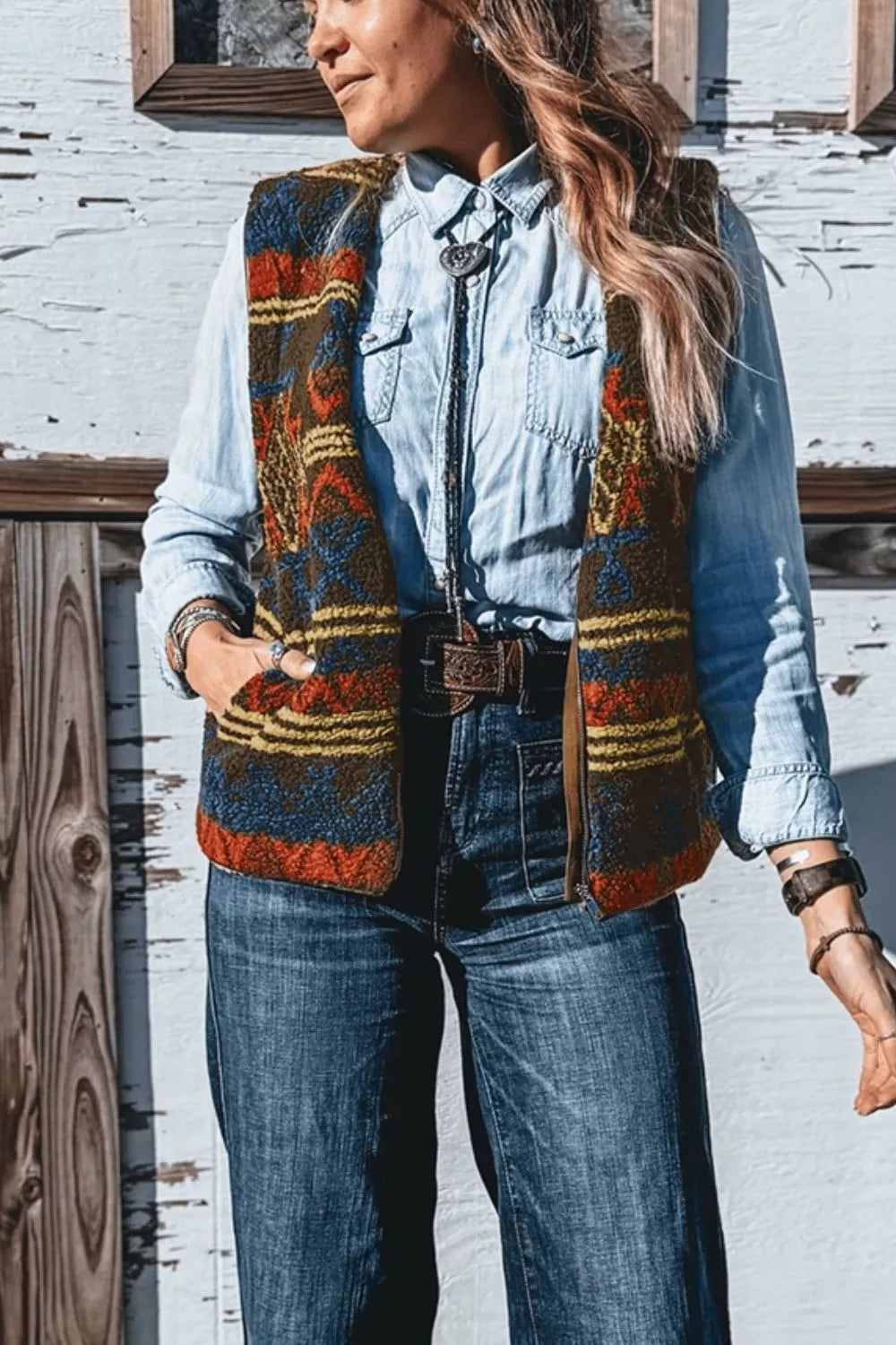 Patterned Fleece Vest Coat