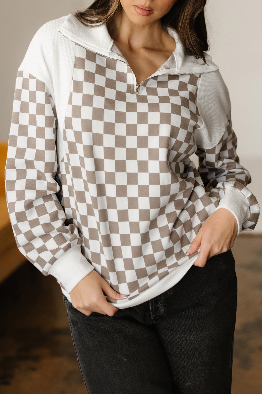 Khaki Checkered Print Quarter Zip Ribbed Patchwork Loose Sweatshirt