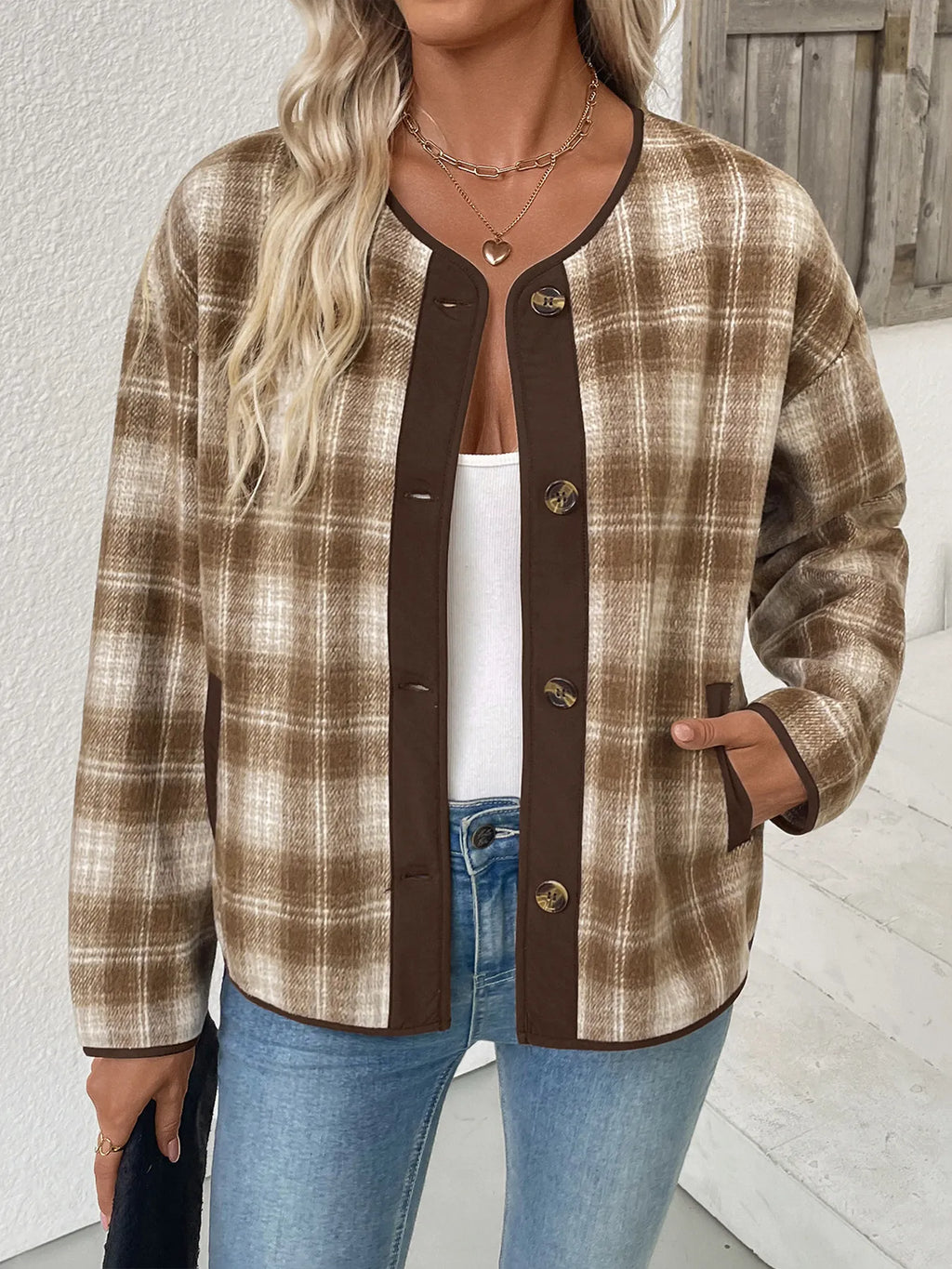 Unlined Plaid Button-Up Jacket with Chest Pockets