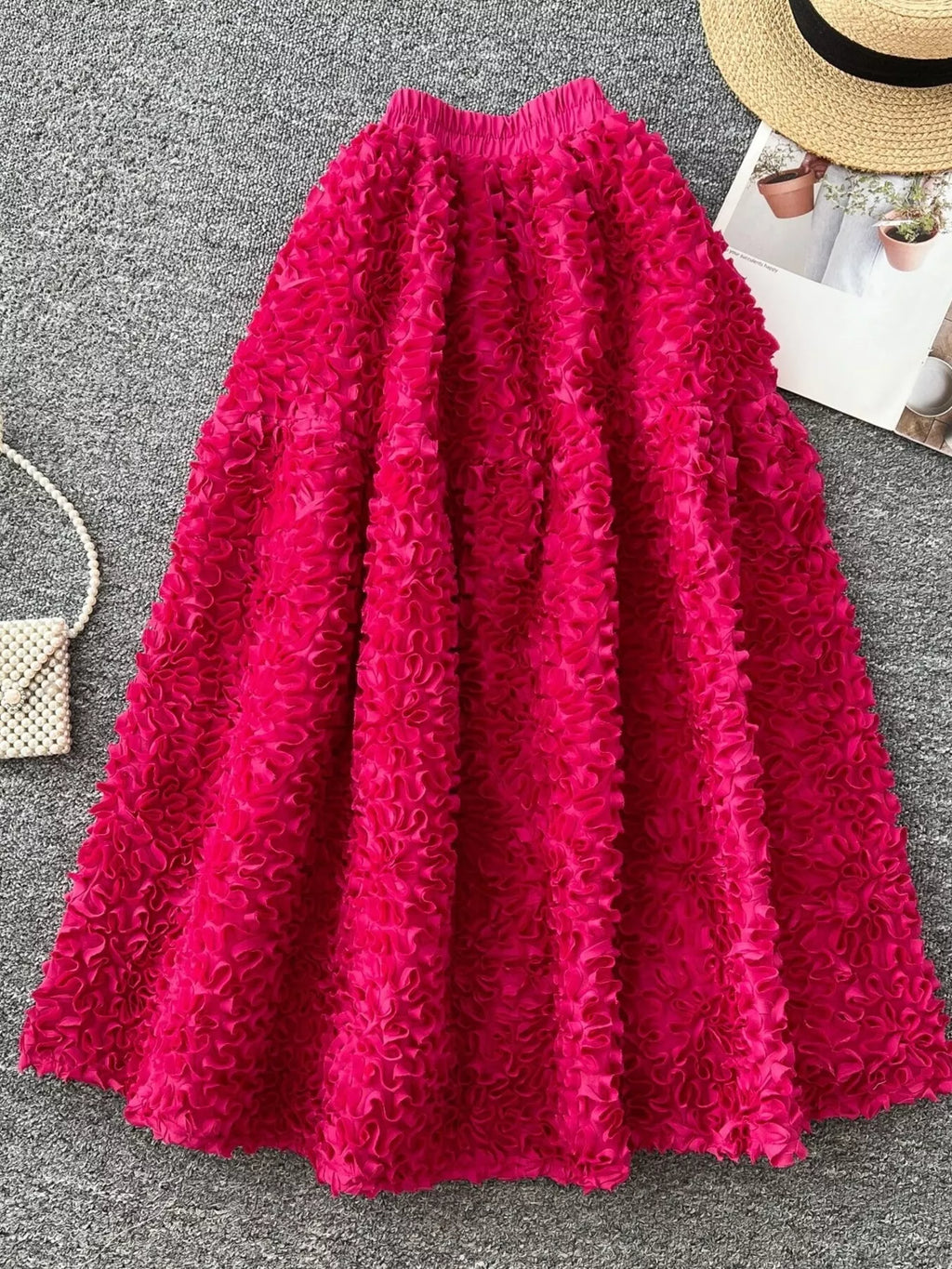 Elegant 3D Lace Trim High‑Waist A‑Line Midi Skirt