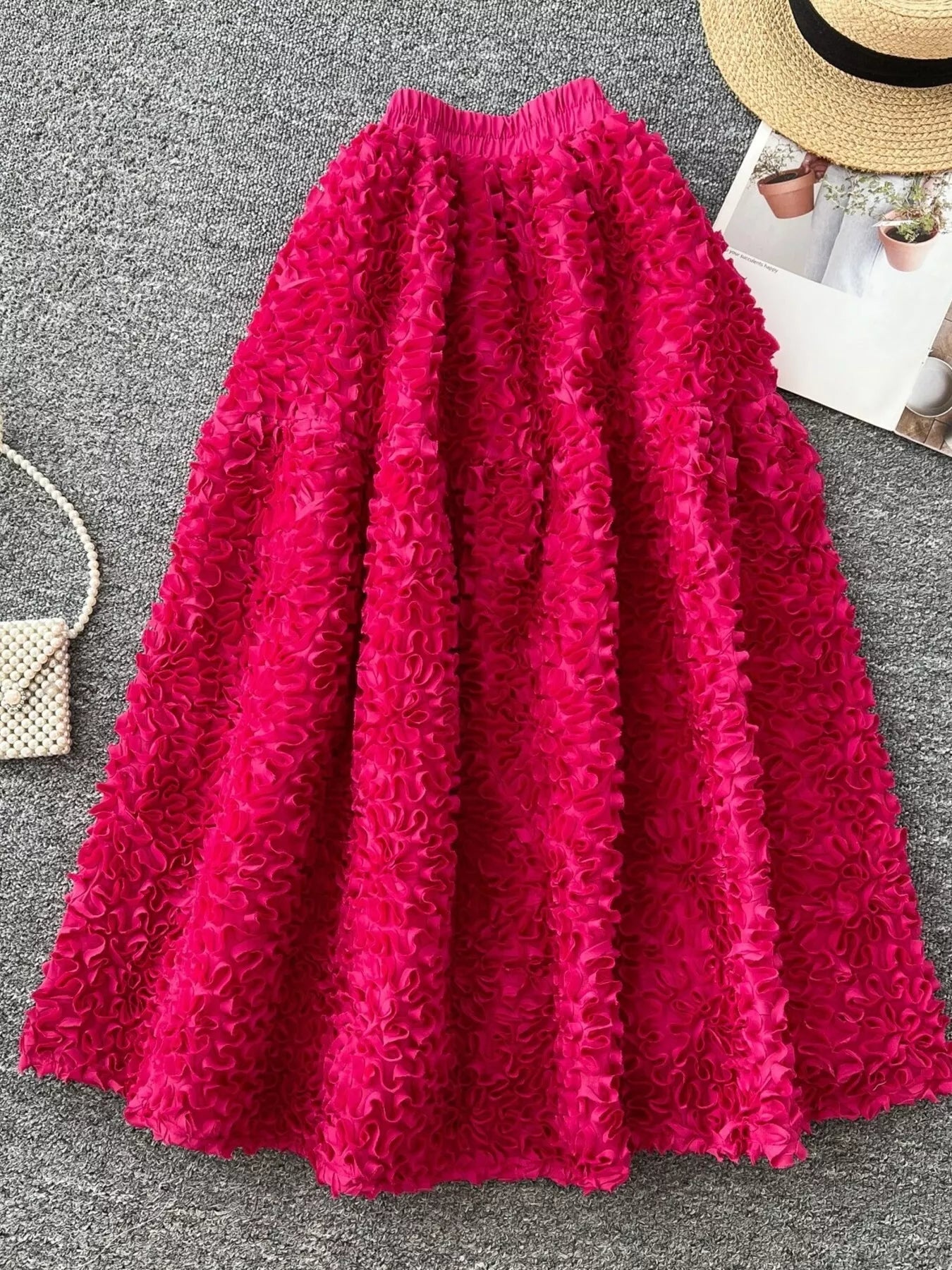 Elegant 3D Lace Trim High‑Waist A‑Line Midi Skirt