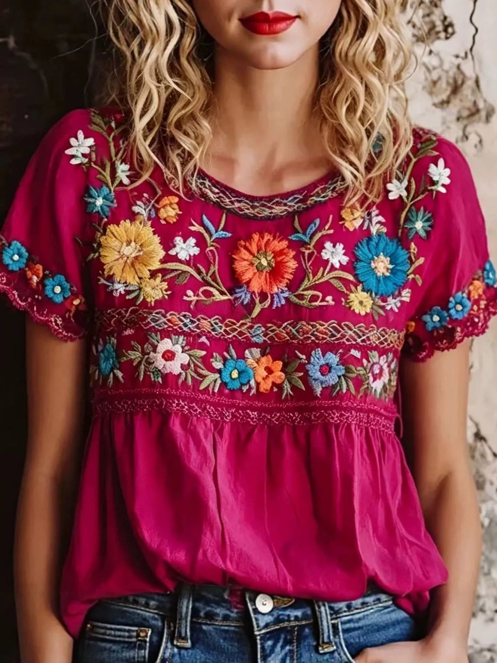 Plus Size Embroidered Floral Short Sleeve Top