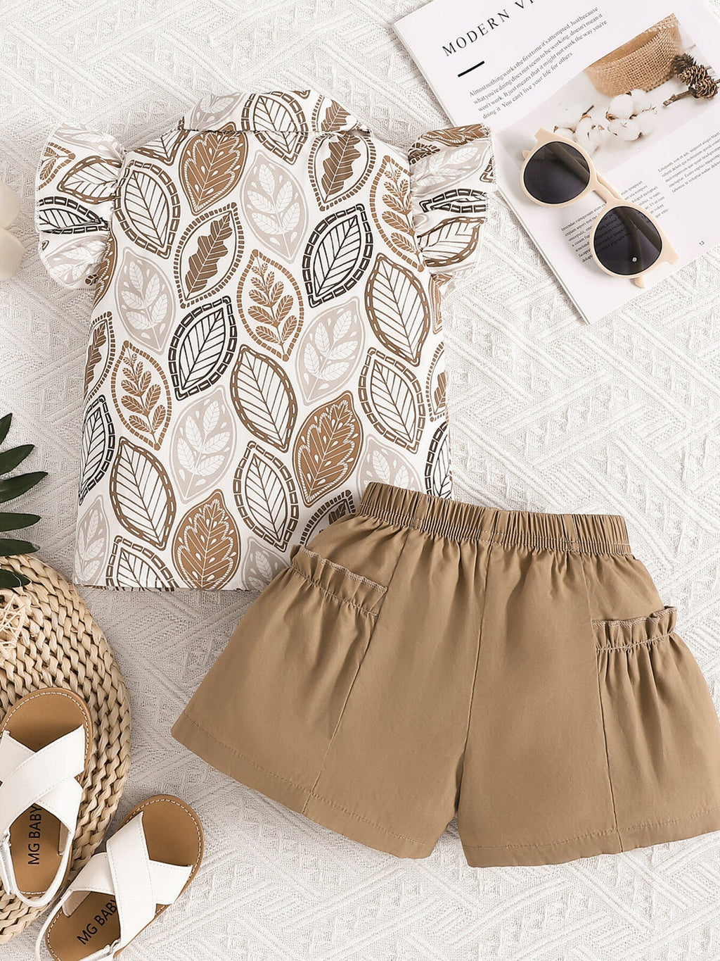 Children's Leaf Print Bow Decor Top and Shorts Set