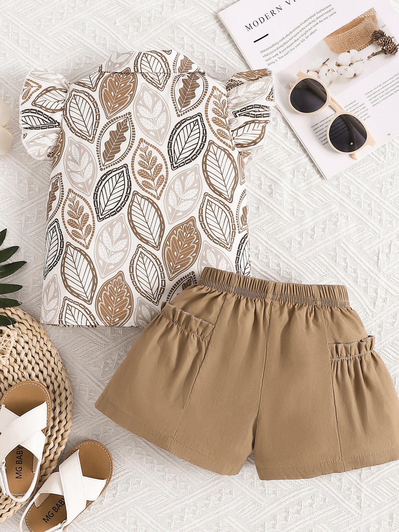 Children's Leaf Print Bow Decor Top and Shorts Set