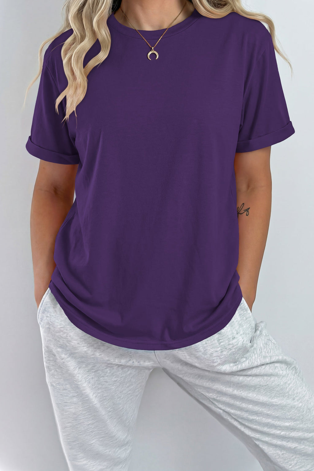 Tillandsia Purple Casual Plain Crew Neck Tee