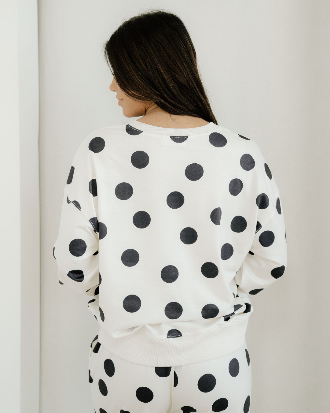Polka Dot Print Drop Shoulder Pullover Drawstring Jogger Pant Set - Beige