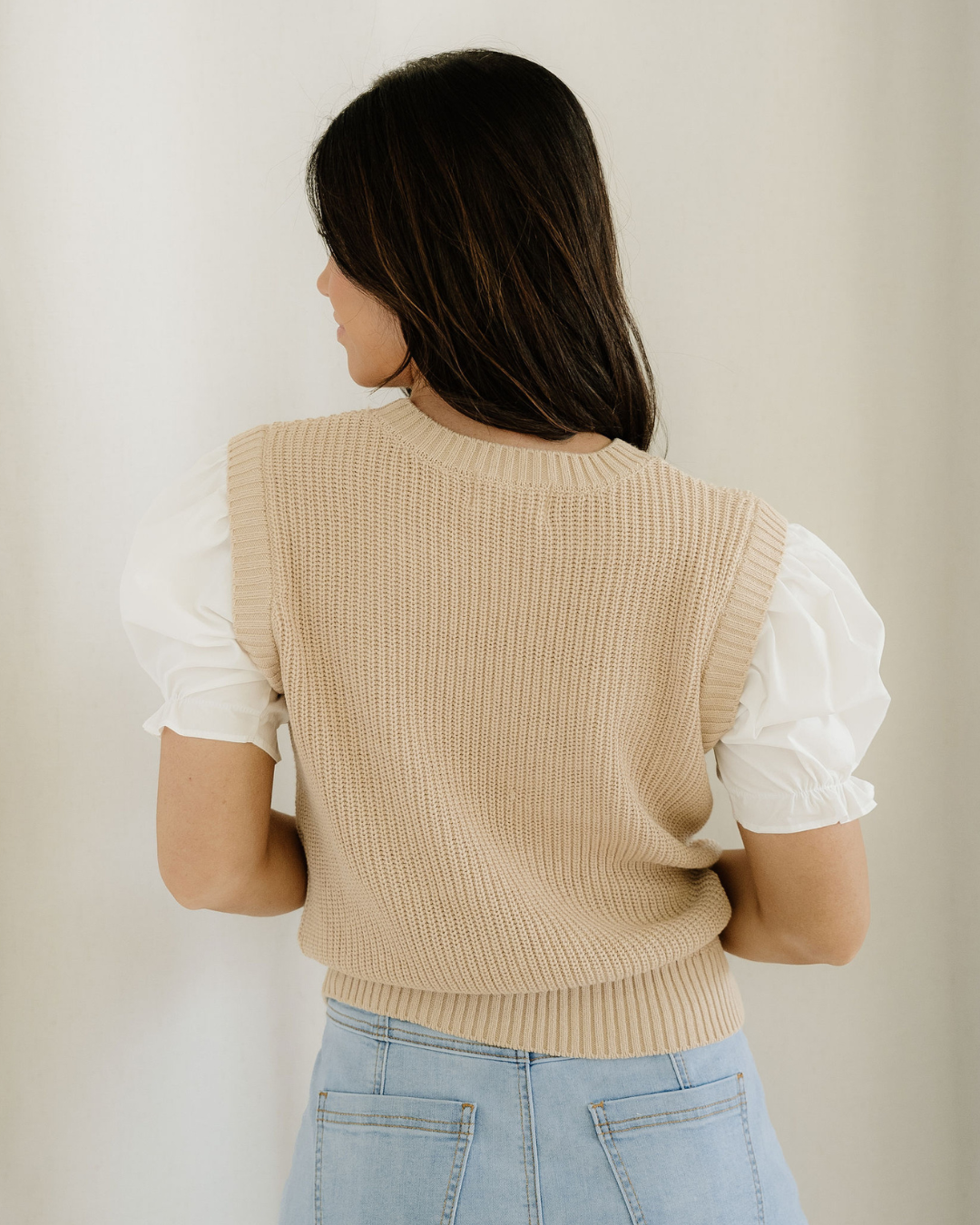 Seraphina Round Neck Knit Contrast Short Sleeve Patchwork Sweater Top