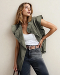 Margot Ruffle Plain Denim Jacket Vest - Green