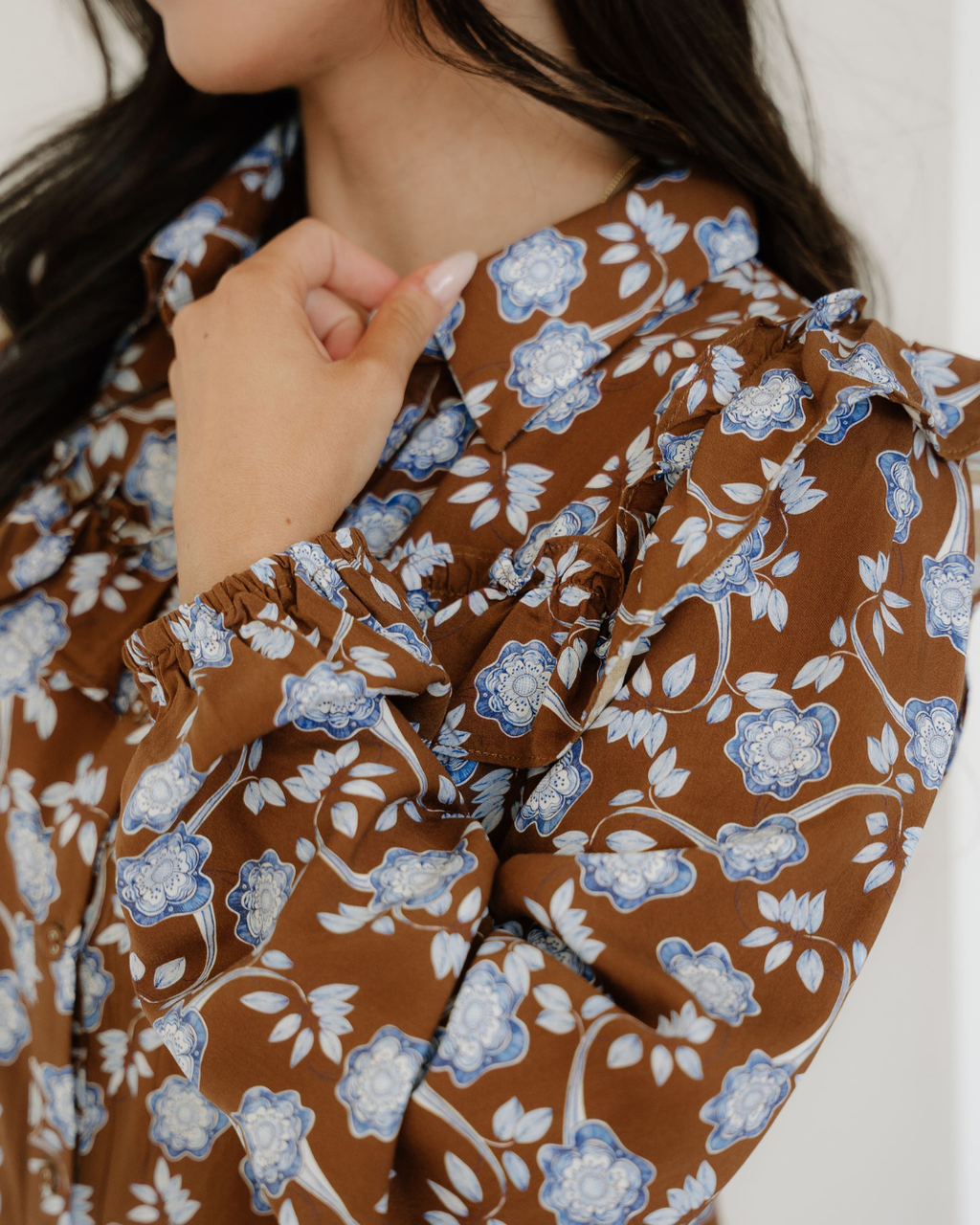 Luella Floral Print Ruffled Detail Shirt Collar Button Down Long Sleeve Dress