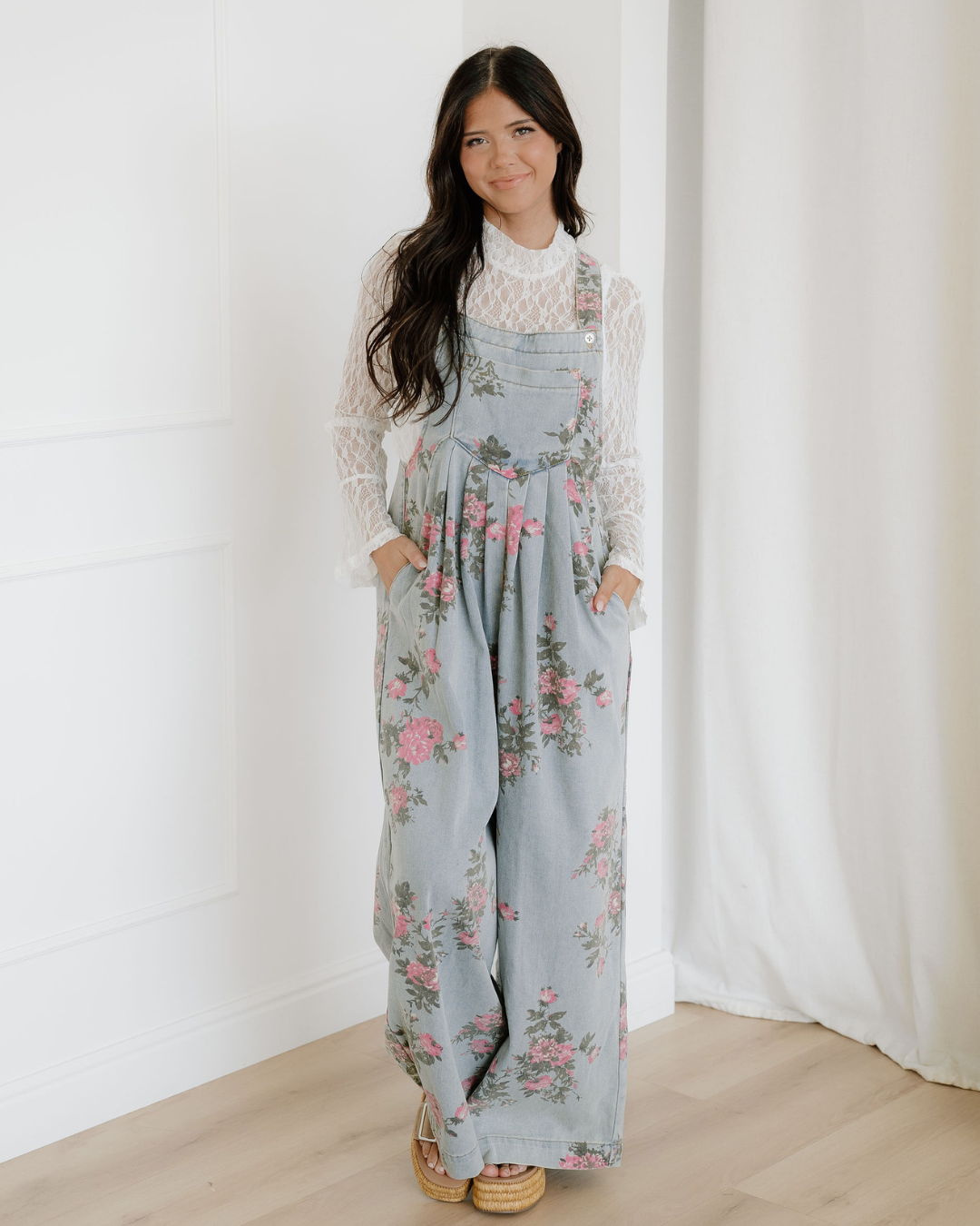 Floral Pleated Wide Leg Denim Overalls