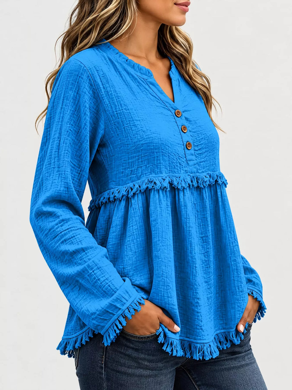 Full Size Frayed Hem Button Detail Blouse Plus Size