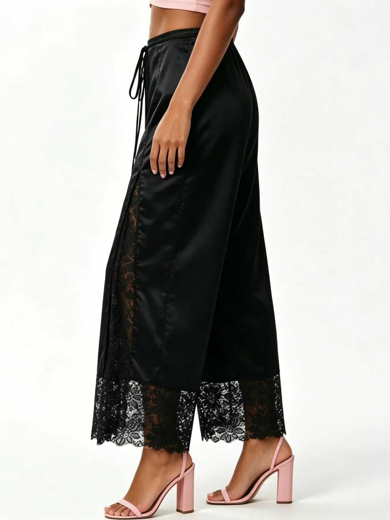 Lace Trim Wide-Leg Cropped Pants