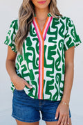 Green Abstract Print Striped Trim V Neck Short Sleeve Blouse