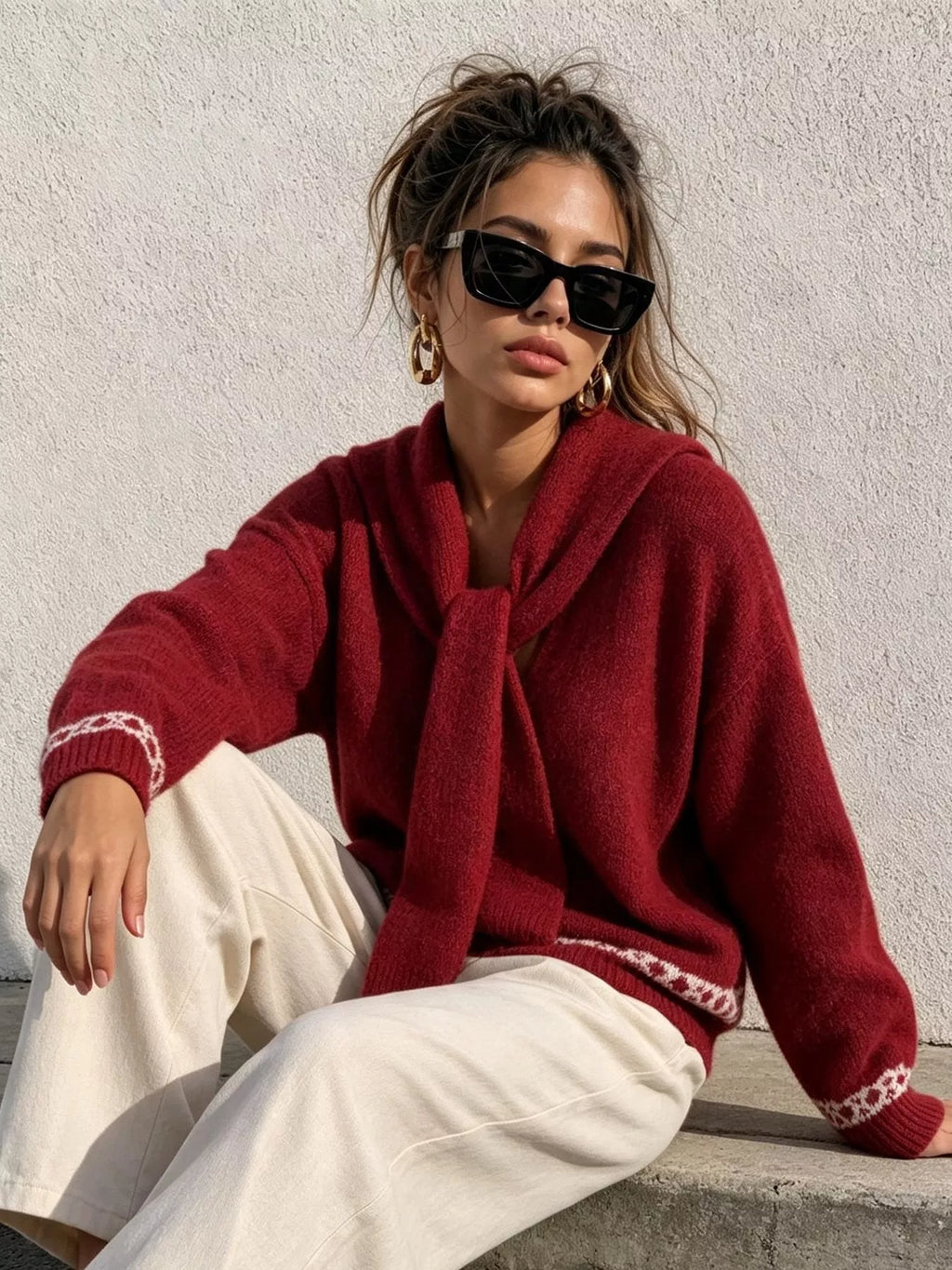 Scarf Detail Dropped Shoulder Sweater