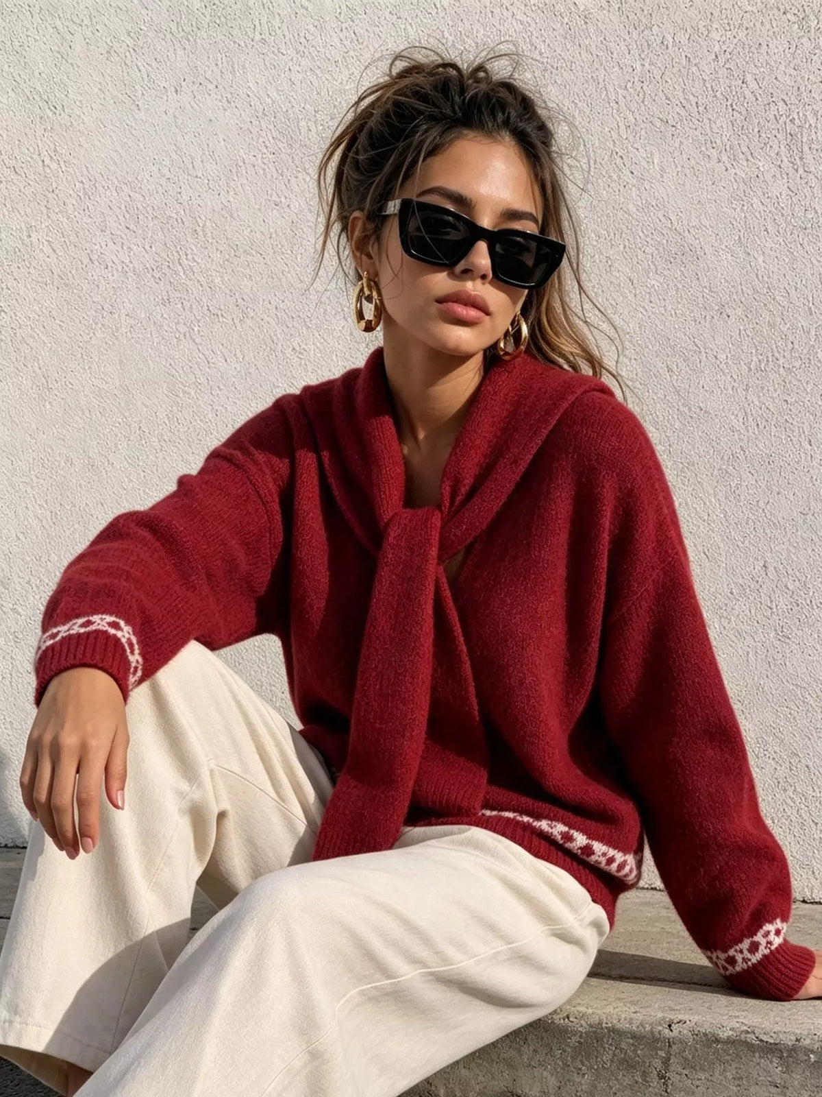 Scarf Detail Dropped Shoulder Sweater