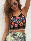 Crochet Floral Print Geometric Halter Neck Swim Top