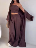Chic Strapless Ruched Crop Top and Wide-Leg Pants with Cardigan 3-Piece Set