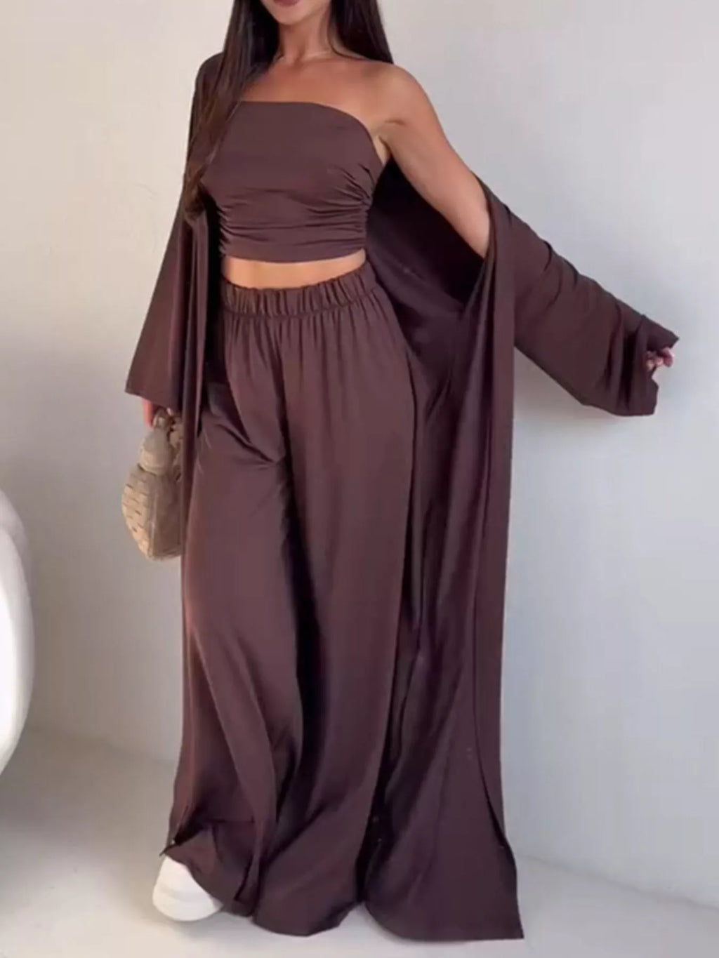 Chic Strapless Ruched Crop Top and Wide-Leg Pants with Cardigan 3-Piece Set