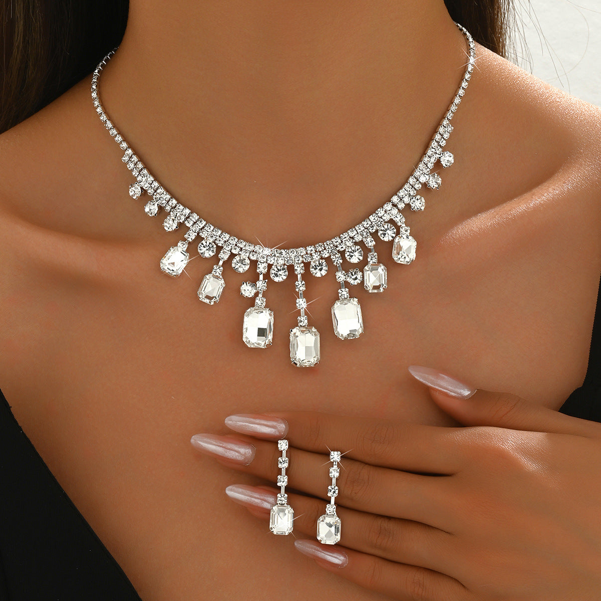 Cross-Border Dropshipping New White Rectangular Water Drop Tassel Crystal Necklace Earrings Women's Accessories Clavicle Chain