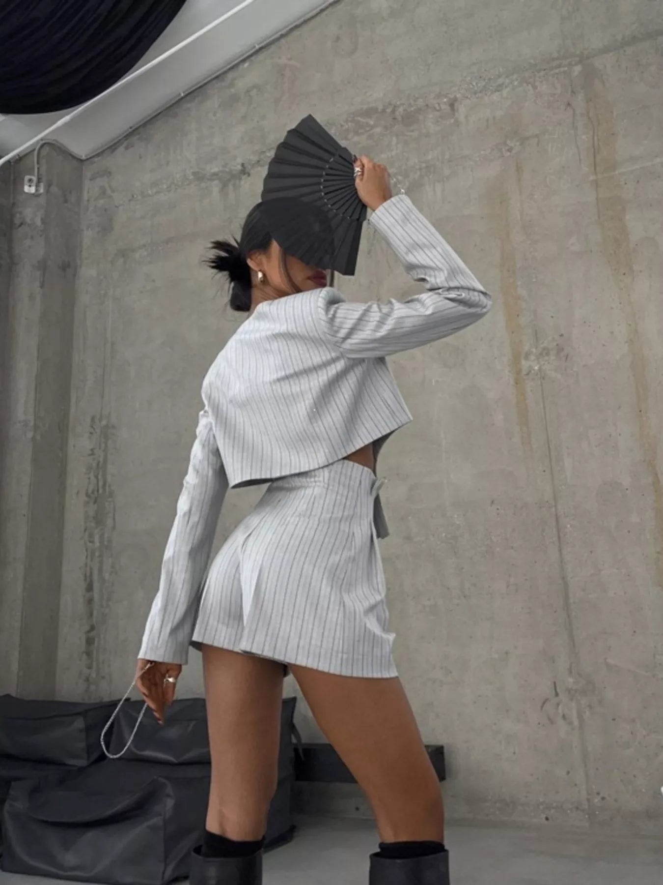 Pinstripe Cropped Blazer and Pleated Shorts Set