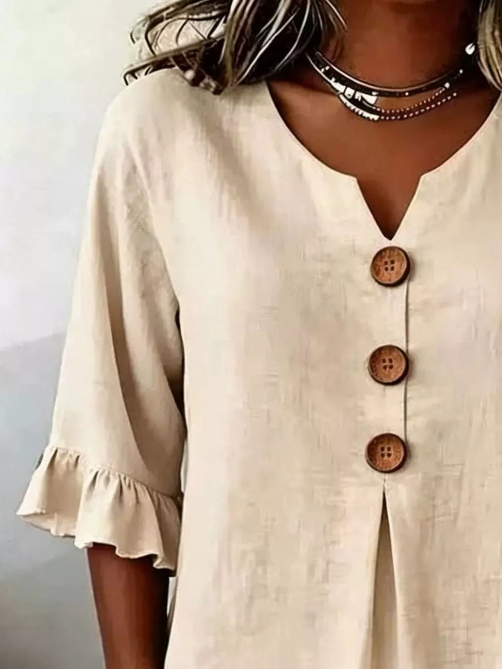 Full Size Casual Ruffle‑Sleeve Decor‑Button Top Plus Size