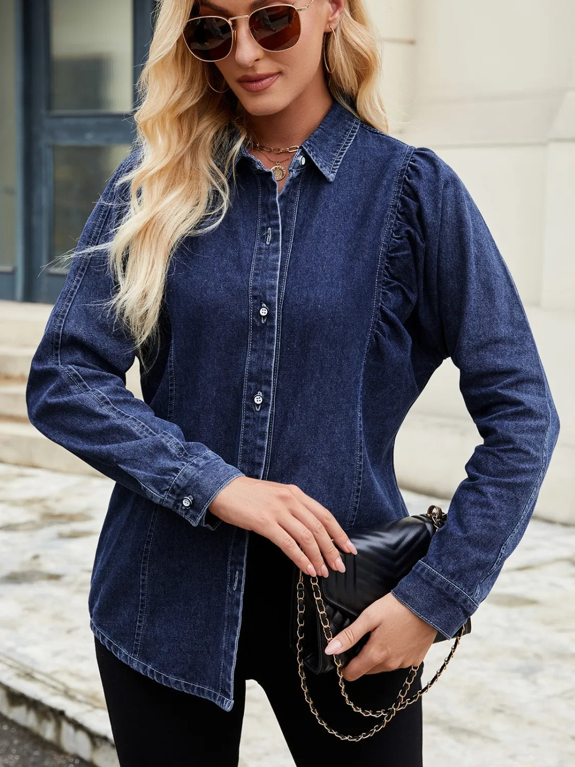 Button Down Collared Neck Denim Shirt