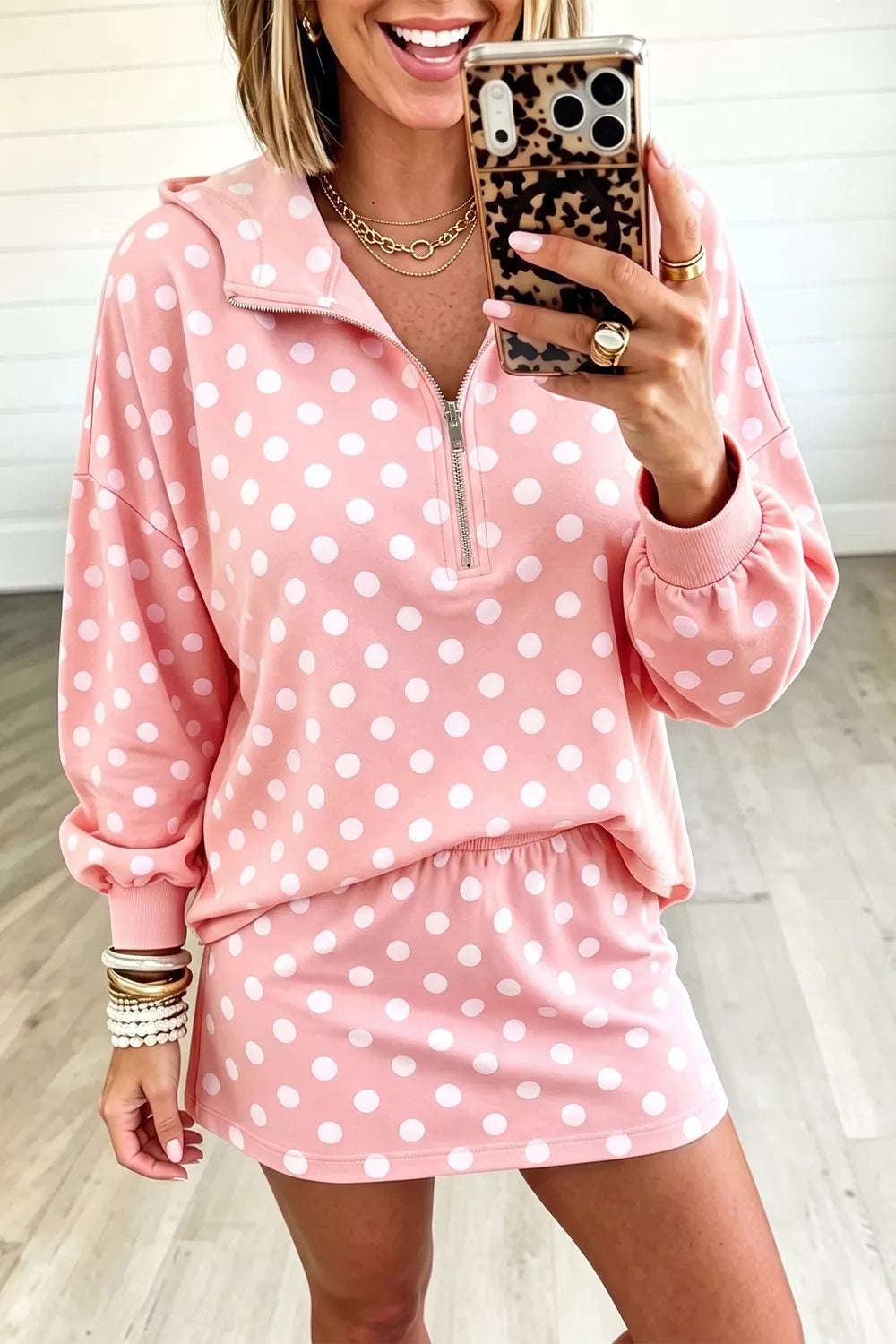 Polka Dot Quarter Zip Sweatshirt and Shorts Set