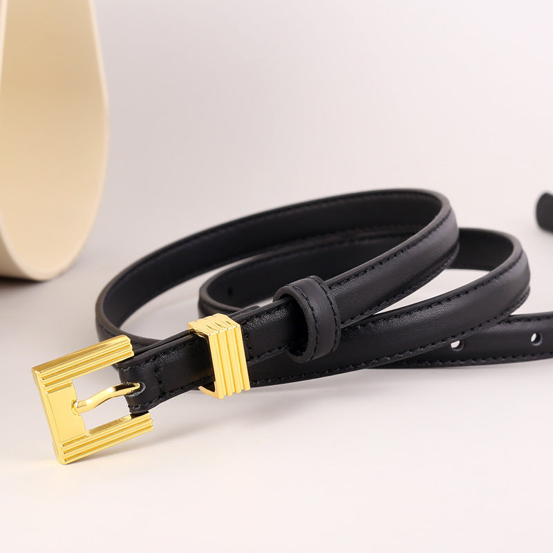 Skinny Leather Belt with Golden Buckle