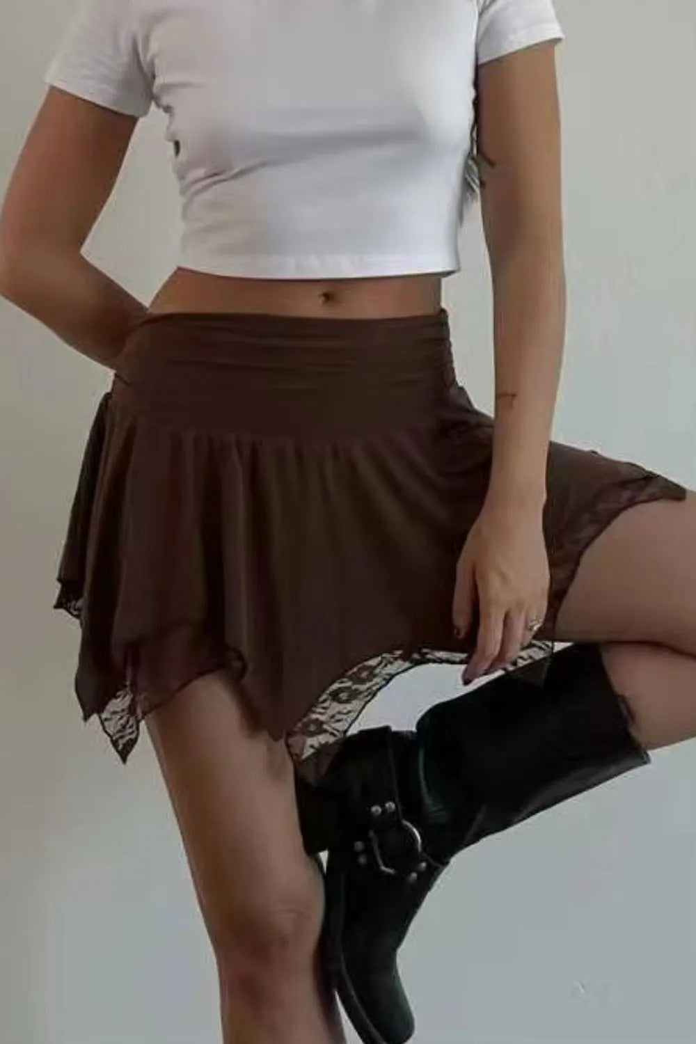 Lined Ruched Lace Mini Skirt