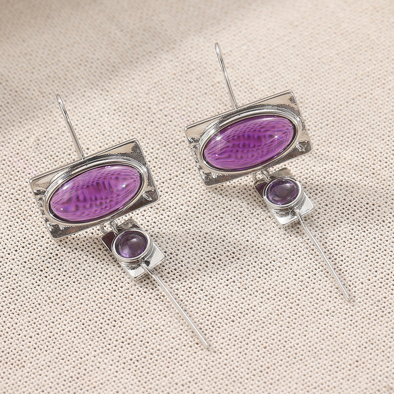 Vintage Purple Oval Stone Geometric Drop Earrings Silver Tone Brass Women Boho Daily Fashion Jewelry