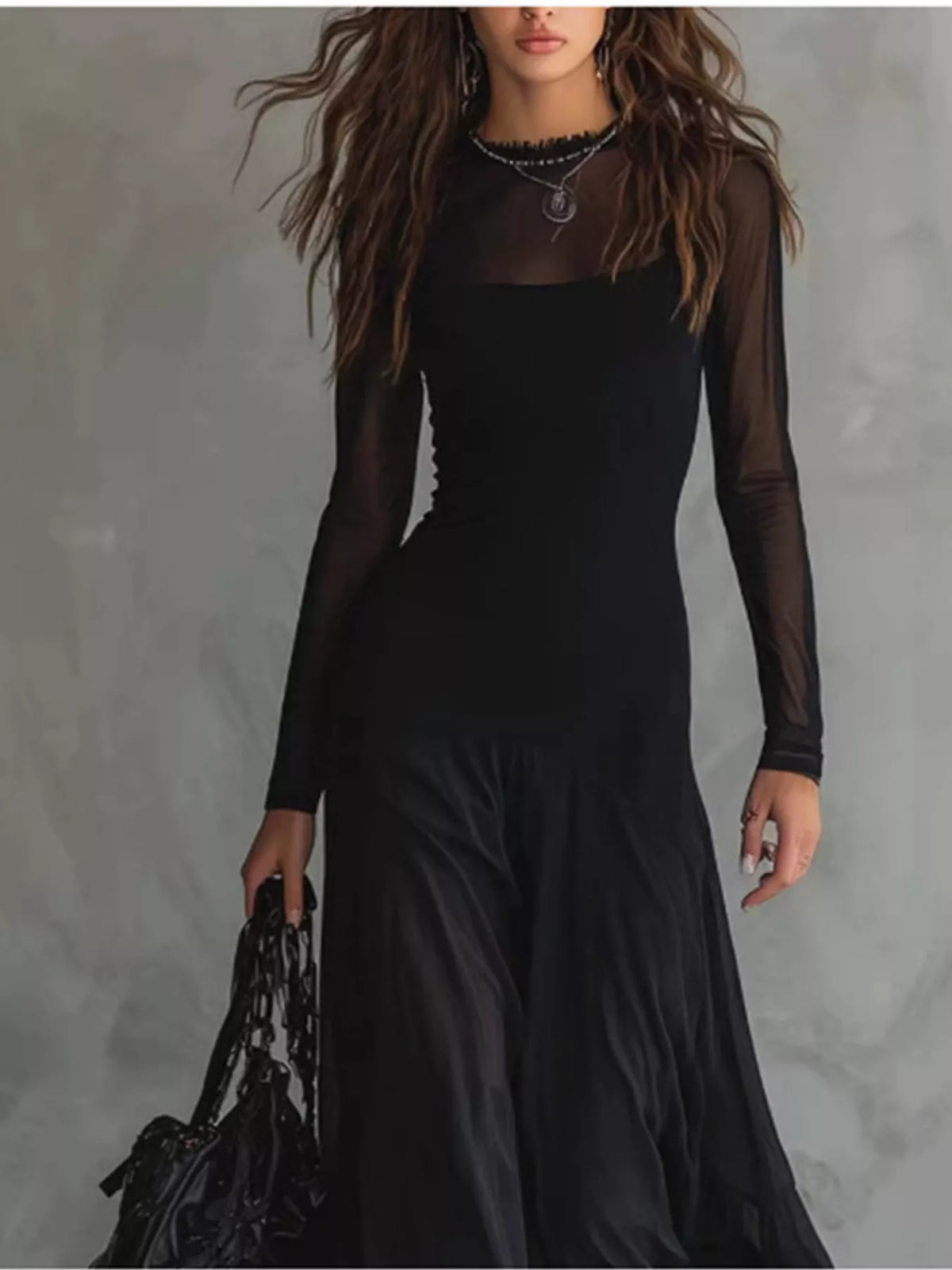 Full Size Sheer Mesh Long Sleeve Maxi Dress Plus Size