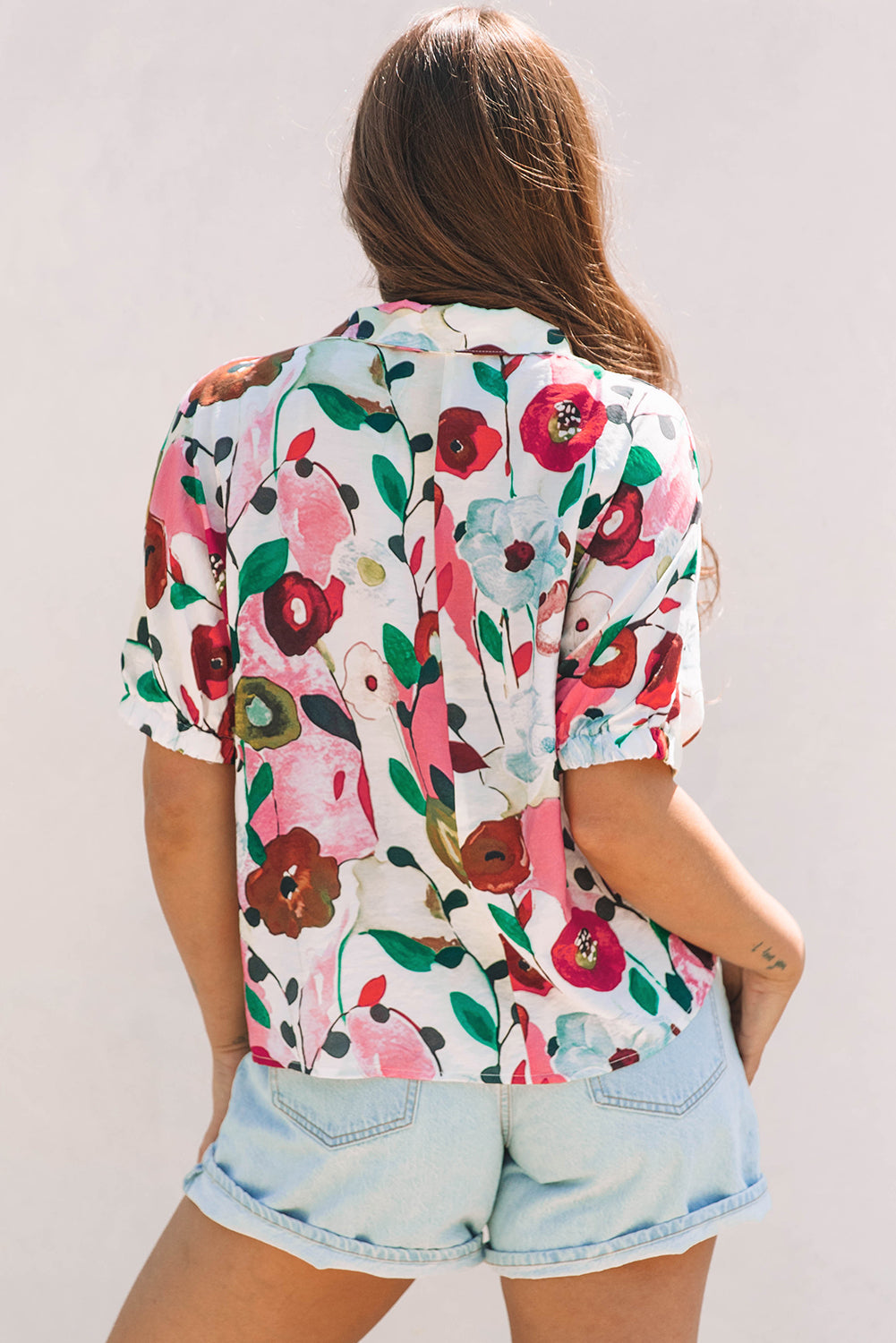 Floral Slit V-Neck Short Sleeve Blouse