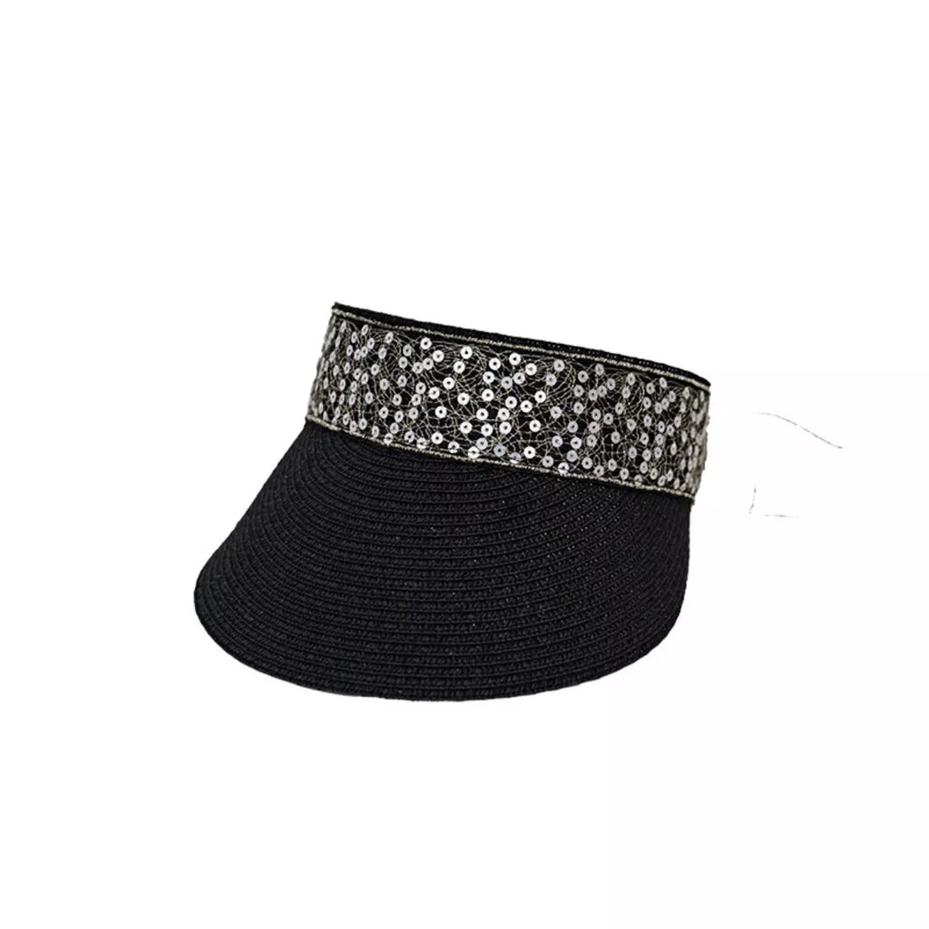 Sequined Visor Sun Hat with Ribbon Tie