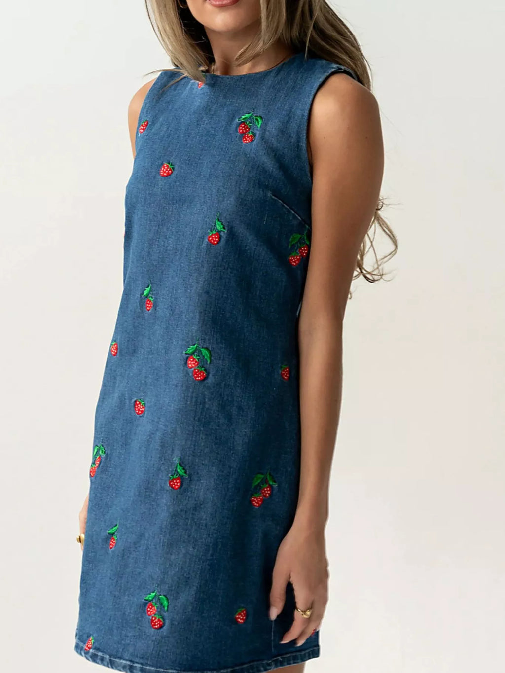 Strawberry Embroidered Sleeveless Denim Dress